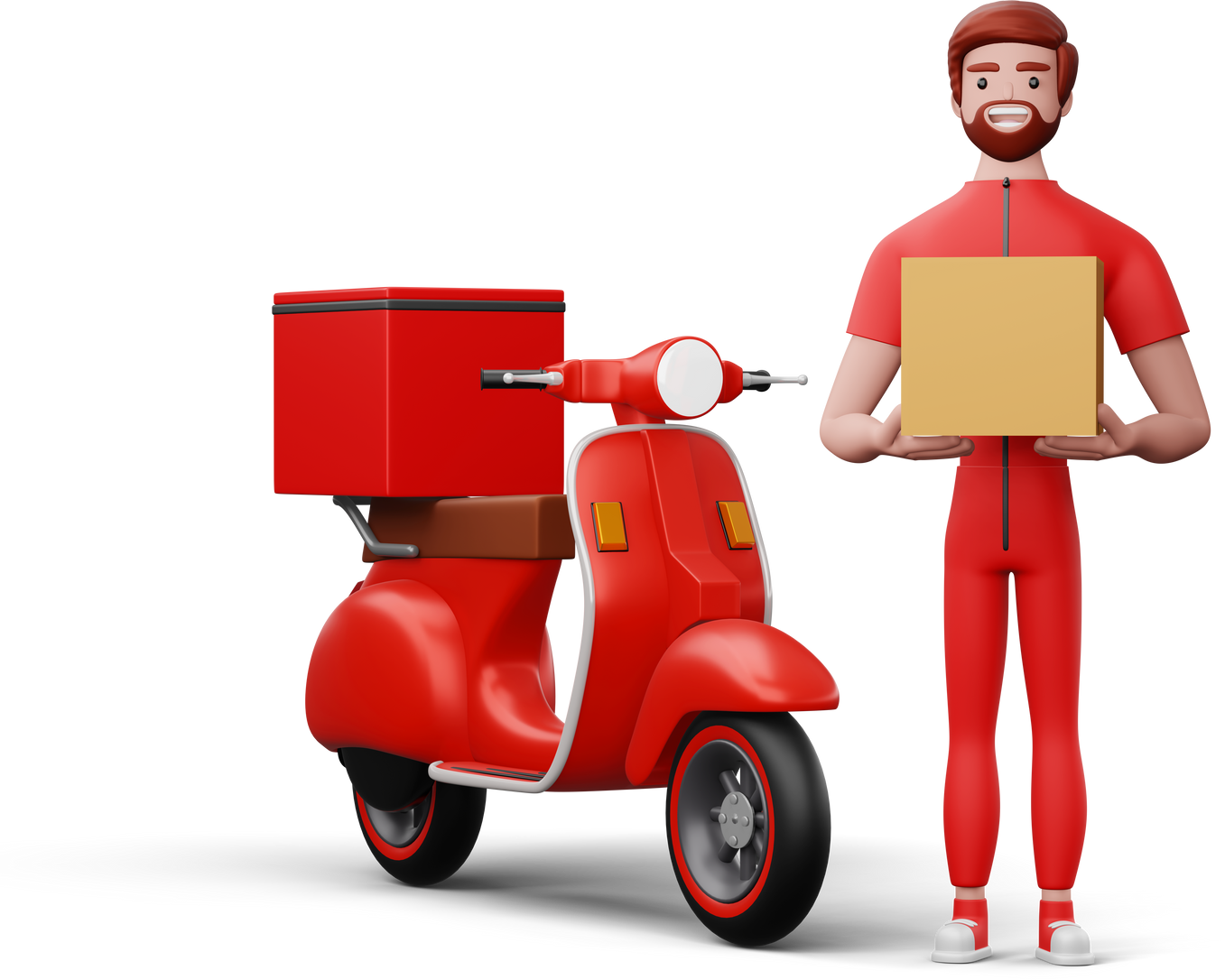 Delivery Man with Parcel Box and a Motorcycle, 3D Rendering